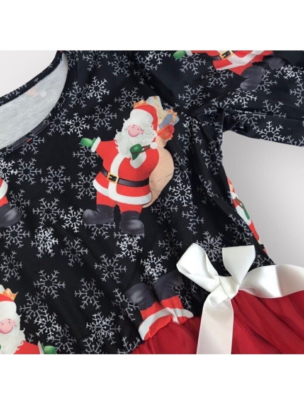 Santa Claus Christmas Dress NEW sz 8 10 Tulle Long Sleeve Snowflakes Black Red - Picture 4 of 8